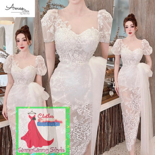 VÁY REN HOA VẠT XÉO XẺ CAO PHỐI NƠ LƯỚI TÀ RƠI VAI BÒNG NHẸ 240724