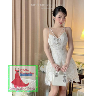 VÁY REN HOA XOÈ NGẮN PHỐI DÂY ĐÔI ĐÍNH NƠ PHỤ KIỆN 090824