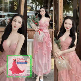 VÁY MAXI BÈO 2 DÂY PHỐI THÂN XẾP LY TÙNG CHẠY BÈO 131223