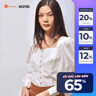 Áo Maybi gài nút ôm linen trắng tay phồng dài có măng-sét