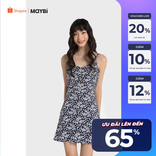 Đầm 2 dây Maybi in hoa trắng nền xanh đậm kiểu phối gài nút