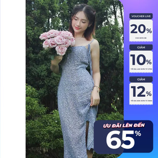 Đầm 2 dây Maybi ôm in hoa nhí nền xanh xẻ tà