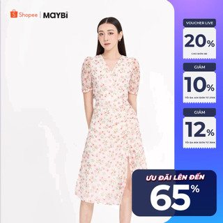 Đầm midi voan dệt hoa đắp tà phối tùng nhún Maybi