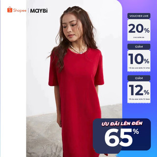Đầm Maybi midi suông thun xẻ tà tay ngắn