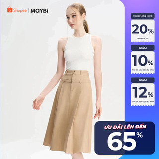 Chân váy midi xòe cotton lạnh dây lưng kiểu Maybi