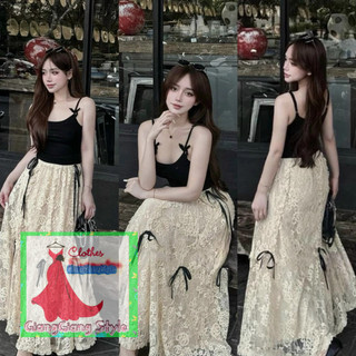 BỘ CHÂN VÁY REN DÀI + ÁO DÂY ĐEN NƠ NHÍ 230624