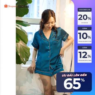 Bộ pyjama Maybi ngắn suông lụa satin xanh dương tay ngắn có viền