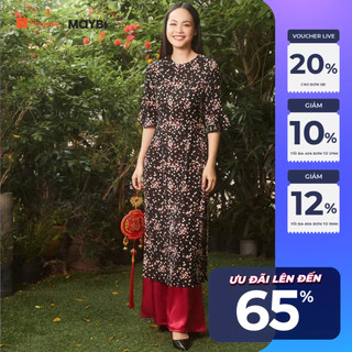 Áo dài Maybi hoạ tiết nền đen tay lửng phối bèo