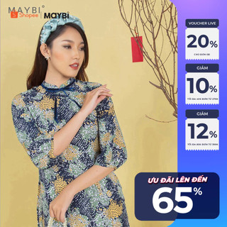 Áo dài Maybi hoạ tiết nền xanh phối nơ cổ