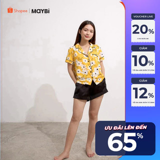 Bộ pyjama Maybi ngắn suông lụa in hoa trắng nền vàng phối quần đen