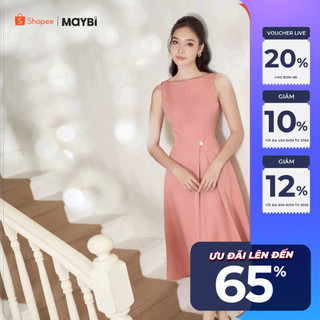 Đầm midi xòe cotton lạnh xếp ly tà lệch Maybi