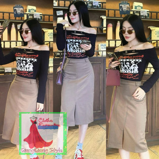 BỘ CHÂN VÁY NÂU SUÔNG NHẸ MIDDI+ ÁO THUN IN HÌNH TRỄ VAI TAY DÀI 030624