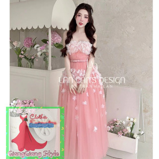 VÁY CUP LƯỚI HỒNG XÒE DÀI ĐÍNH HOA VOAN 230524
