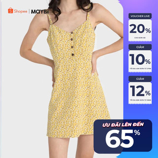 Đầm 2 dây Maybi xoè lụa in hoa trắng nền vàng kiểu phối gài nút