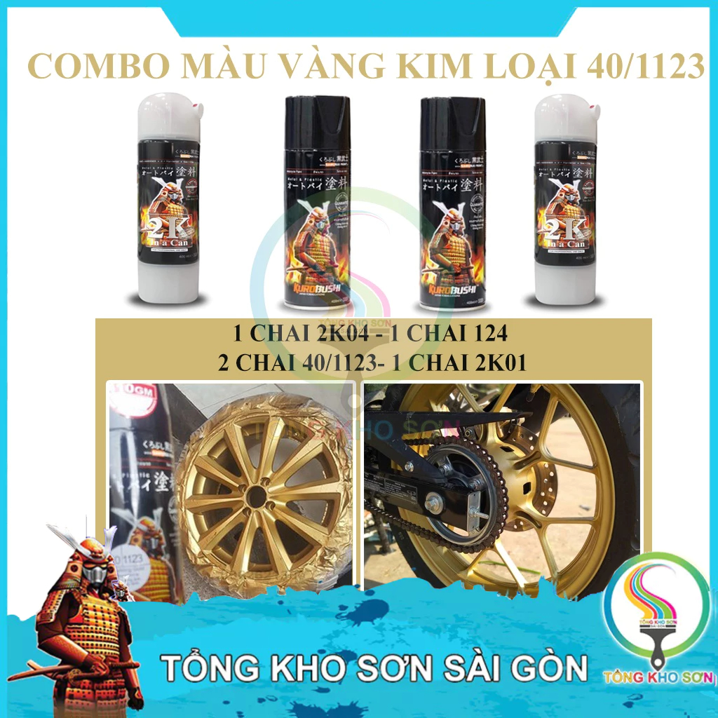 Màu Vàng Ánh Kim Samurai - Combo sơn xịt Samurai Màu Vàng 40/ 1123 -lót 2K04- nền 124- bóng 2K01