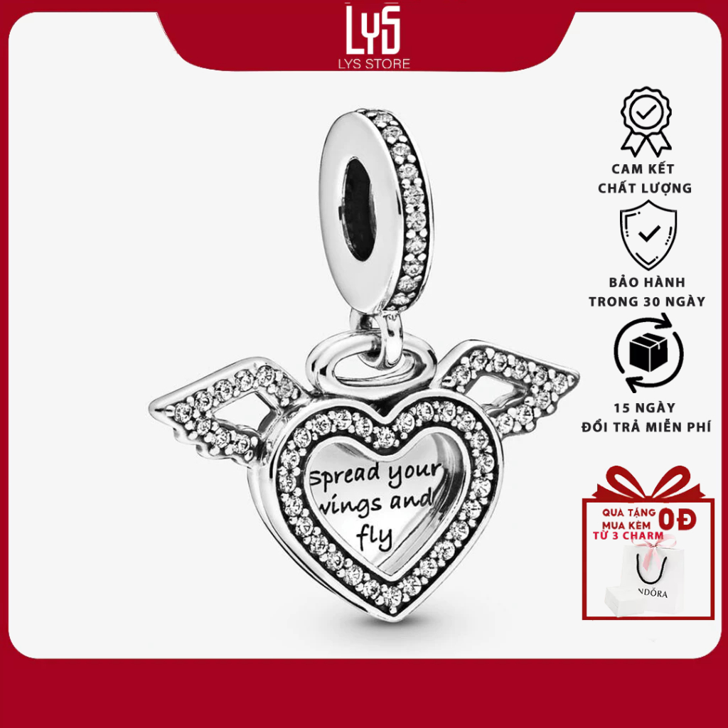 Charm bạc trái tim tình yêu Heart and Angel Wings Dangle Charm 1139 - Bạc S925