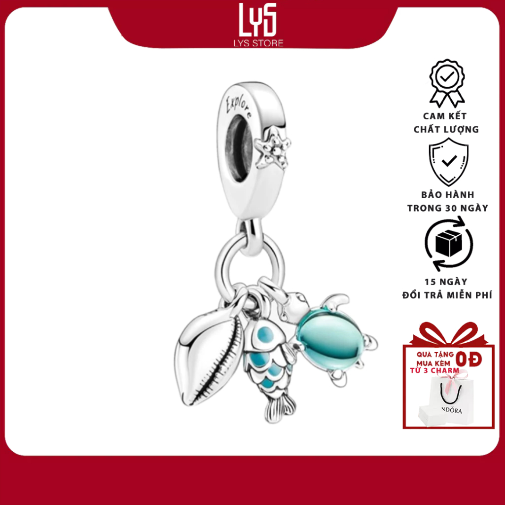 Charm Bạc Lys Fish, Sea Turtle & Conch Triple Dangle cá biển xanh 1194 - Charm Bạc S925 cao cấp