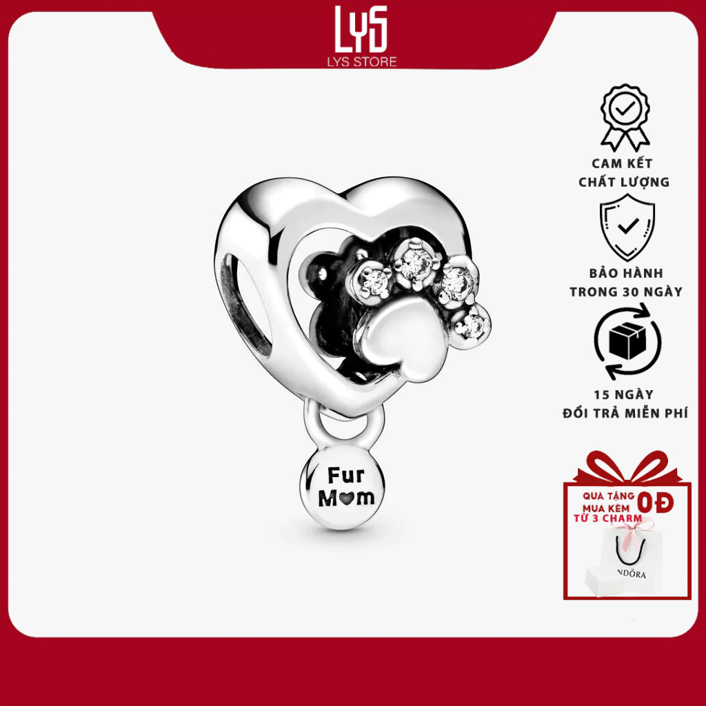 Charm bạc  S925 Dog Paw Print & Heart With Fur Mum chân cún Pendant Beads Best Friend Charm 1354
