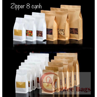 {1kg/1size} - Túi Zipper giấy kraft 8 cạnh đáy vuông có cửa sổ (giấy nâu- giấy trắng)