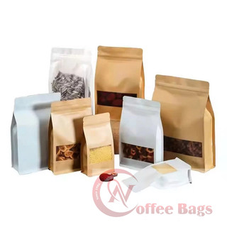 {500gr/1size}- Túi zipper giấy kraft 8 cạnh đáy vuông có cửa sổ (giấy nâu - giấy trắng)