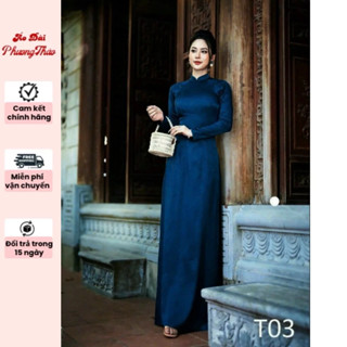 Áo dài lụa vân gỗ cao cấp màu xanh than - Áo dài Phương Thảo