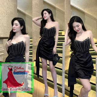 Váy lụa body vạt đắp rơi dài đính hạt 100824