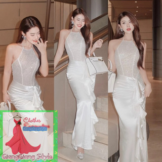 VÁY KIM SA CỔ YẾM LƯNG TRẦN VẠT PHỐI BÈO 300824