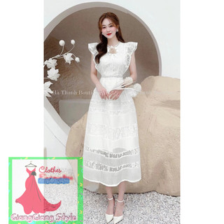 VÁY REN MI VINTAGE CỔ TRÒN TAY BÈO ĐÍNH HOA NỎI 150923