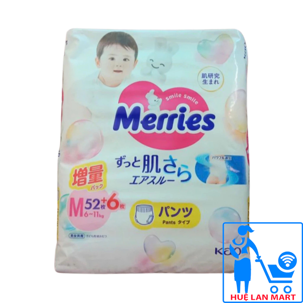 Bỉm - Tã Quần Merries Size M52+6 (Cho bé 6-11kg)