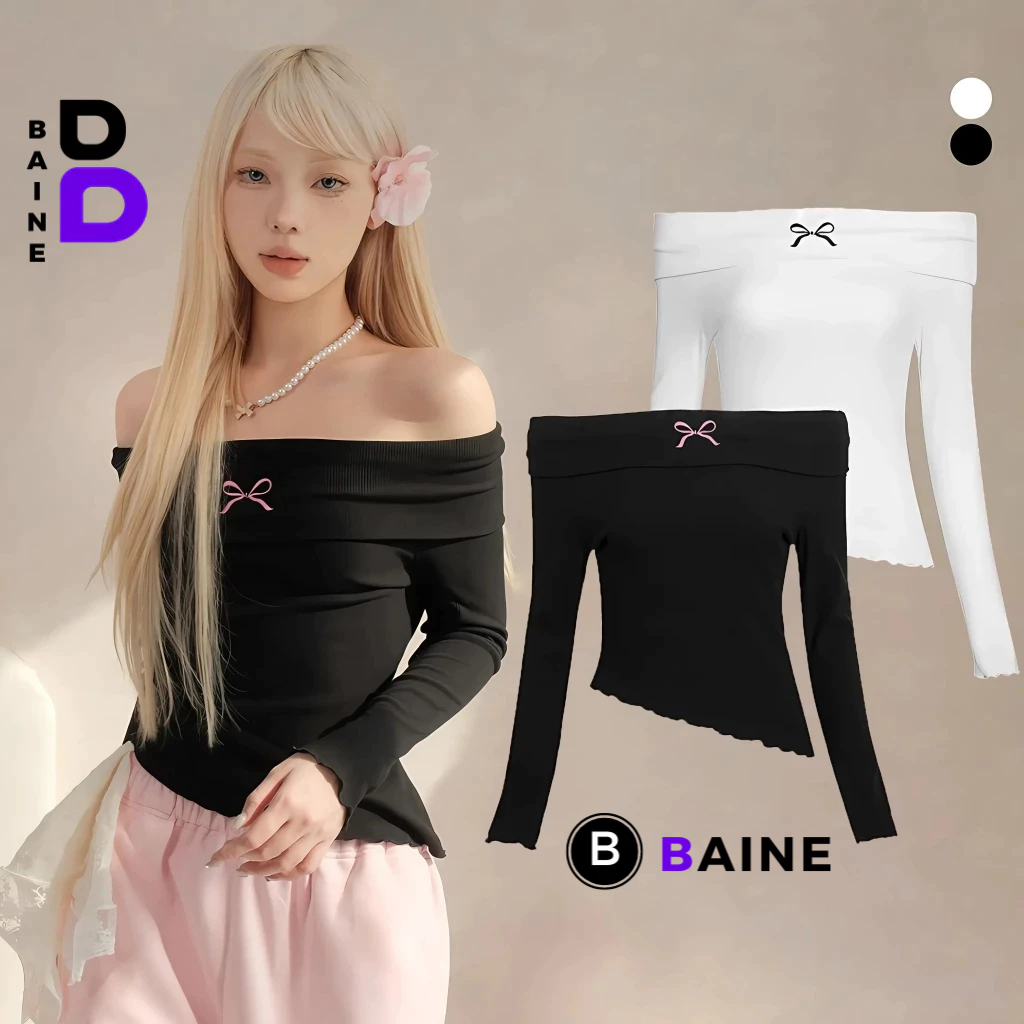 Áo Thun TAY DÀI TRỄ VAI VẠT CHÉO Thêu Nơ Hồng Dáng Dài Nữ DD157, Áo Babytee Chất Thun Gân Kiểu Vạt Lệch BAINE