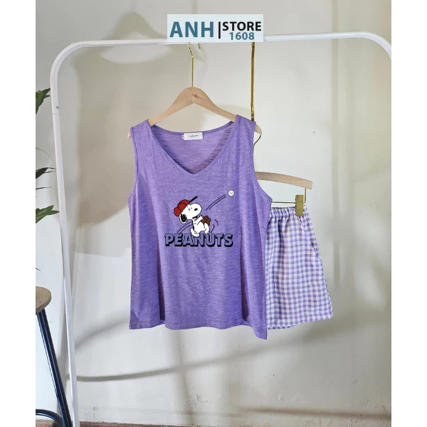 Bộ sát nách nữ quần ĐÙI CARO IN hình thời trang ANHSTORE , Set 3 LỖ nữ vải cotton in hình thời trang áo xược quần caro