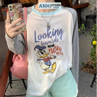 Áo thun nữ dài tay phối màu ANHSTORE phom rộng in hình thời trang , áo thun tay dài phối màu cá tính phong cách Hàn Quốc