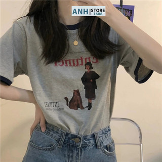 Áo thun nữ PHỐI VIỀN In hình thời trang phom rộng ANHSTORE, áo thun cotton in hình phối viền Hàn Quốc