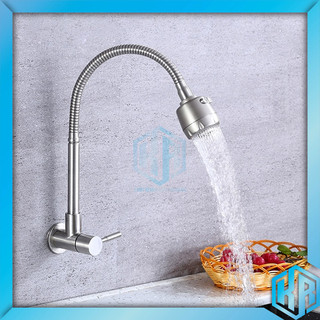 Vòi rửa chén bát âm tường 1 đường nước lạnh cần mềm chất liệu inox 304 dành cho bồn rửa kép tiện dụng [TRẮNG MỜ]- Phi 21
