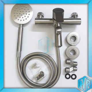 Bộ đầy đủ củ sen nóng lạnh inox và tay sen tắm tăng áp chất liệu inox 304 tròn dẹt cao cấp - đủ bộ củ sen+ tay+ dây+ cài