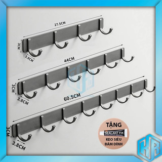 Móc treo tường, móc treo quần áo dán tường Bằng Nhôm Sơn Tĩnh điện xám cao cấp - Loại 4 - 6 - 8 Móc treo