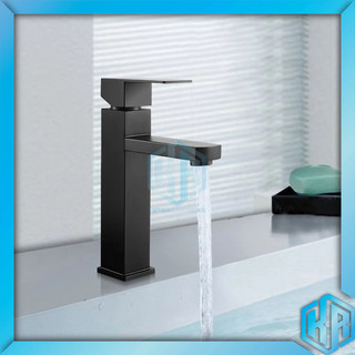Vòi lavabo nóng lạnh inox 304, Vòi lavabo trụ vuông 18cm Màu Đen Nhám với đầu vòi chống ồn, chống giọt bắn cao cấp