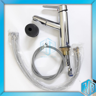 Vòi LAVABO nóng lạnh dây kéo rút inox 304 cao cấp Màu Bạc sáng bóng tiện dụng, siêu bền - QM0046 - Đủ bộ