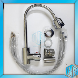 Vòi rửa bát nóng lạnh inox 304 màu bạc cao cấp loại cần mềm xoay 360 độ, 2 chế độ xả nước siêu bền chống gỉ - Đủ dây