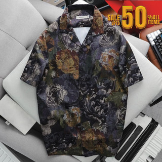 Áo sơmi cuban icondenim chrysanthenum pattern vải lụa mát - smid0212