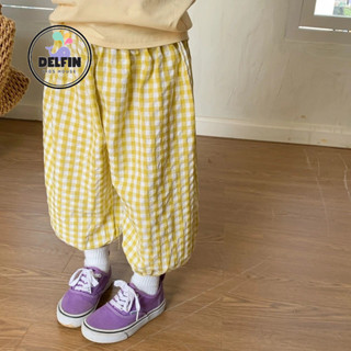 Quần bí cho bé, quần dài ống rộng kẻ caro chống muỗi cho bé gái, bé trai Delfinkid, Quần dài kẻ vải đũi cao cấp