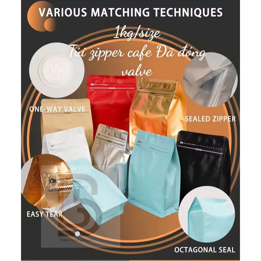 [1kg/size] túi zipper 8 cạnh đựng cafe - ĐÃ ĐÓNG VAL (Full size, nhiều màu)