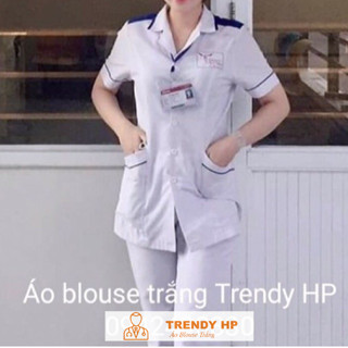  Áo blouse trắng điều dưỡng nam nữ có viền xanh và cầu vai - Áo blu điều dưỡng y tá cho thực tập sinh 