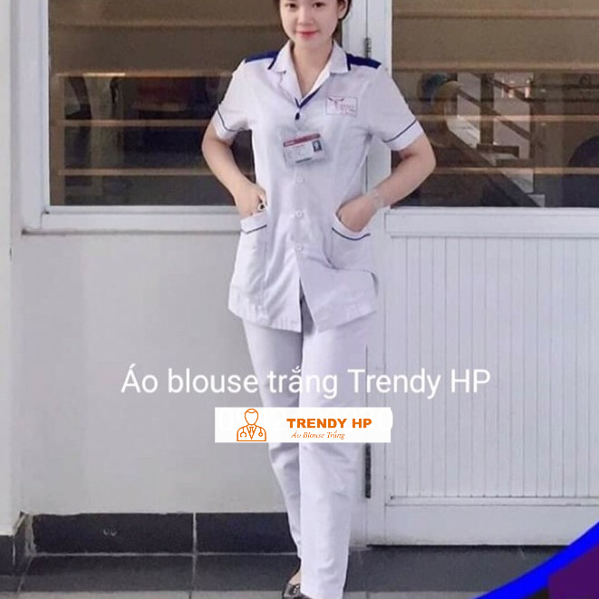 Bộ quần áo điều dưỡng nam nữ có viền xanh cho thực tập sinh - áo điều dưỡng, y tá có cầu vai xanh