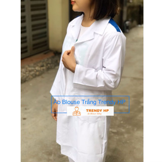  Áo choàng blouse trắng sinh viên thực tập nam nữ - áo blu trắng có cầu vai xanh cho thực tập sinh bác sĩ 