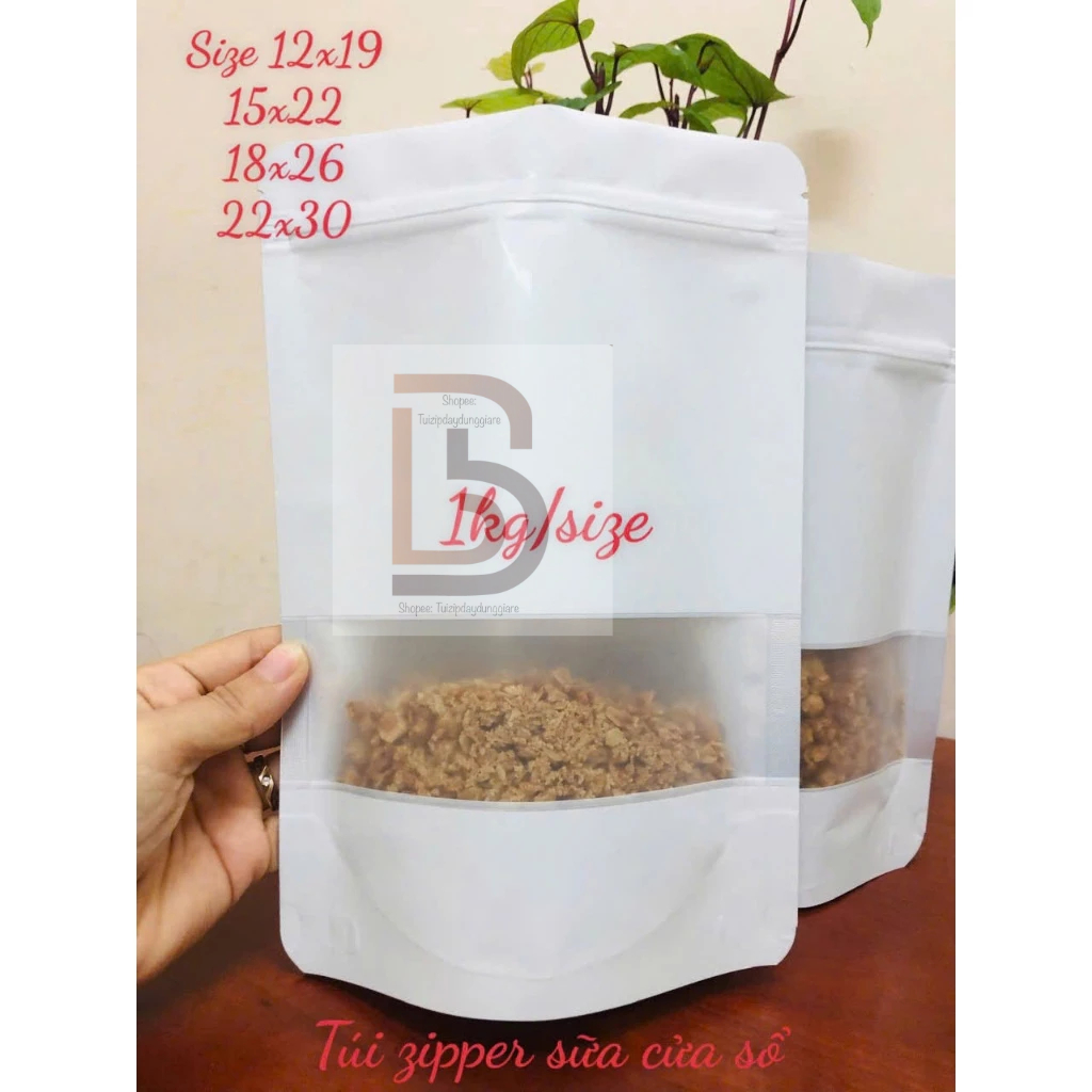 1kg túi zipper sữa có cửa sổ (mẫu mới có lỗ treo - hoặc không lỗ treo)