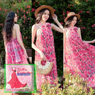 VÁY SUONG HỌA TIẾT HOA HỒNG DẬP LY LƯNG HỞ CỔ YÊM CỘT DÂY 110324