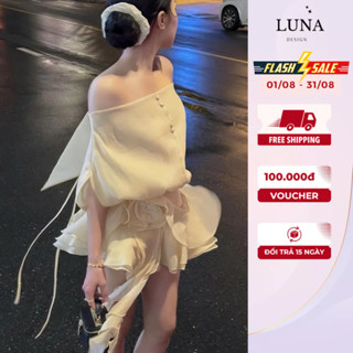 Váy Tơ Tiểu Thư Trễ Vai Luna Design Hở Lưng Đính Cúc Bọc Hoa Cuốn Tinh Tế Dáng Xòe Đi Tiệc Hẹn Hò Dạo Phố Sang Chảnh