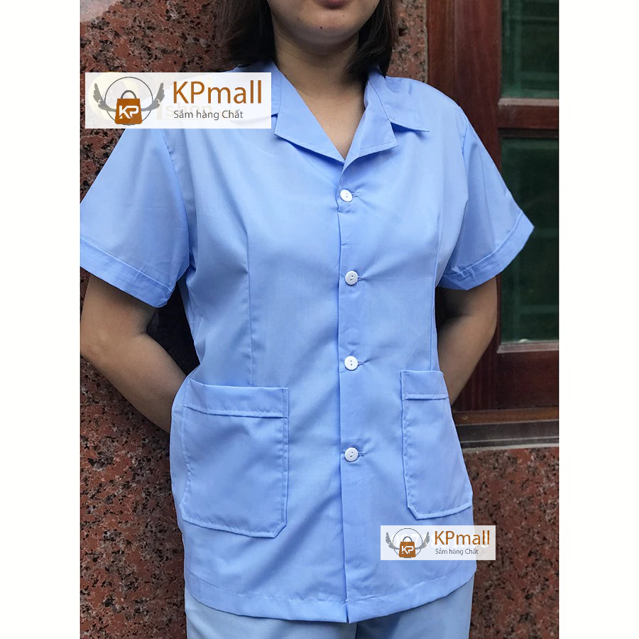 Áo công nghệ, áo đồng phục công nhân, tạp vụ, nhân viên bếp nữ cộc tay màu xanh dương