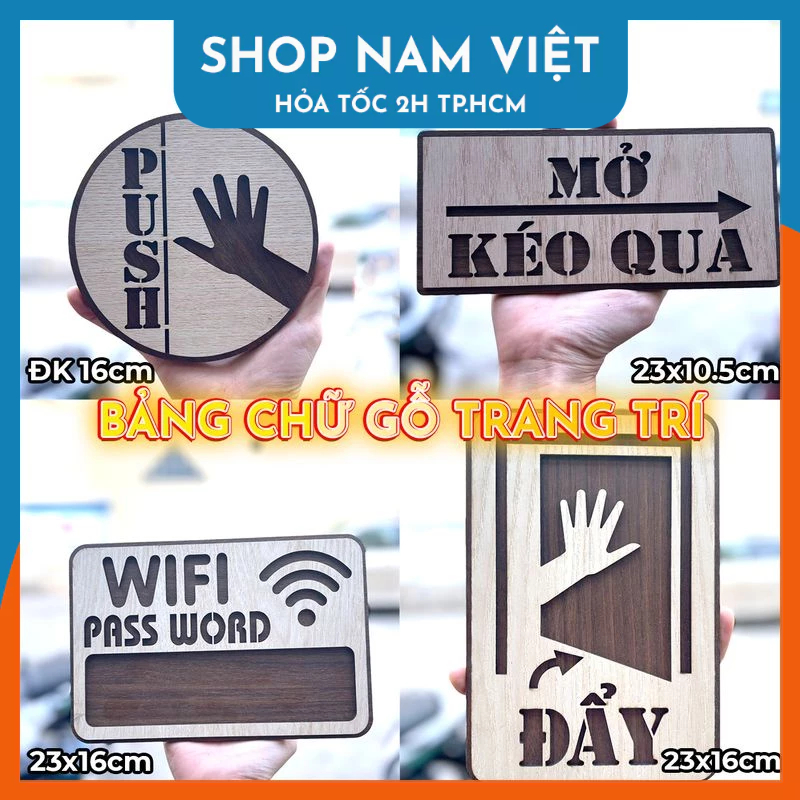 Bảng Gỗ Decor Trang Trí Nhiều Nội Dung Pull, Push, Open, Wifi